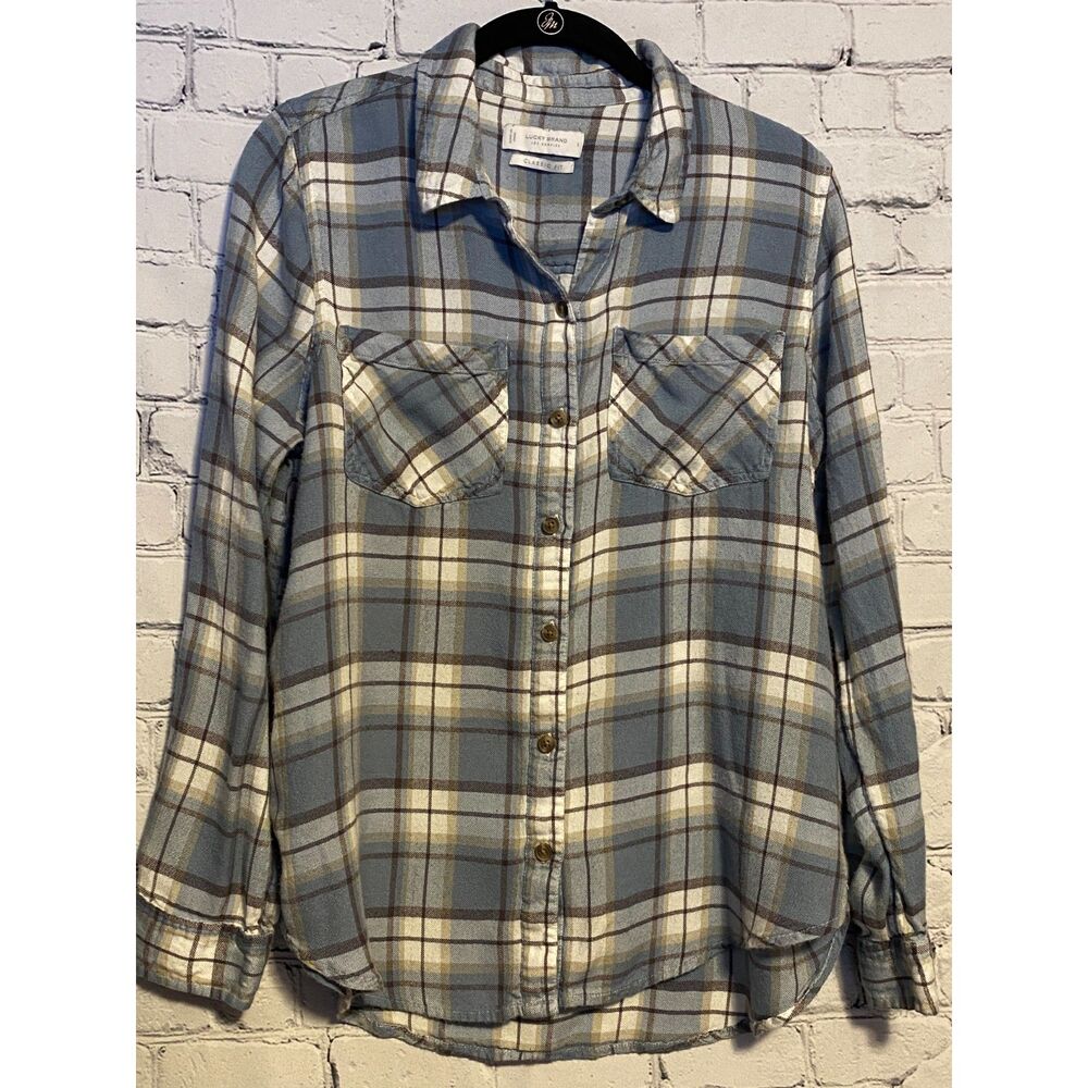 Lucky Brand Plaid Button Front Shirt Size L Blue Classic Fit